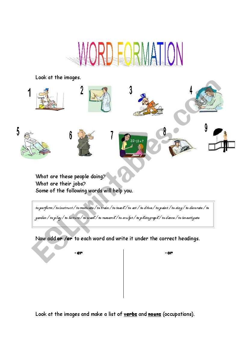 Word formation with er /or worksheet