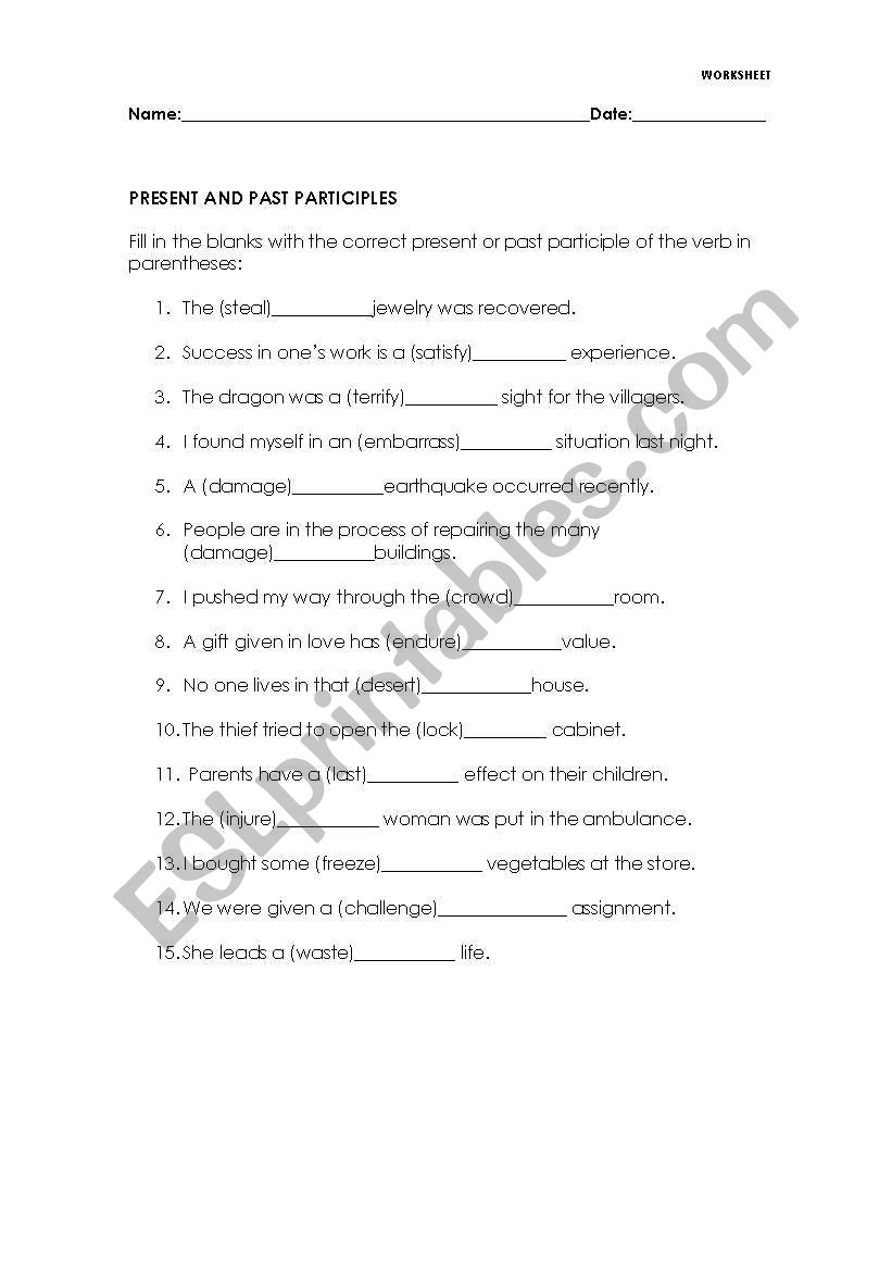 Present and Past Participles worksheet