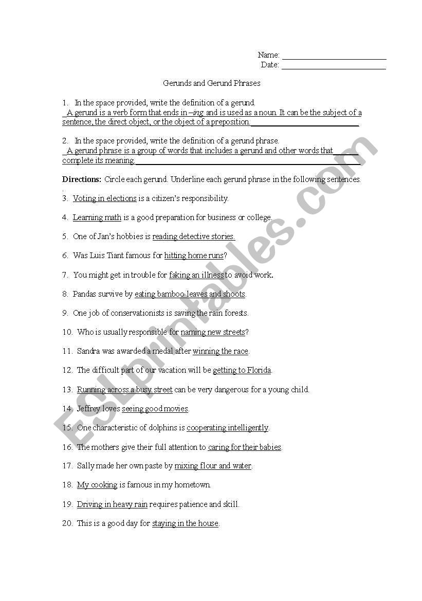 2nd Page KEY to Gerund Worksheet