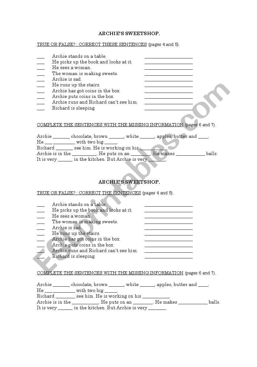 Archies Sweet Shop worksheet