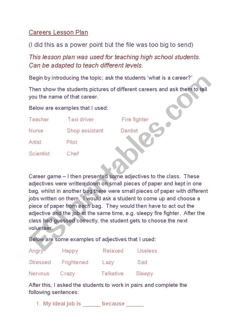 Careers worksheet