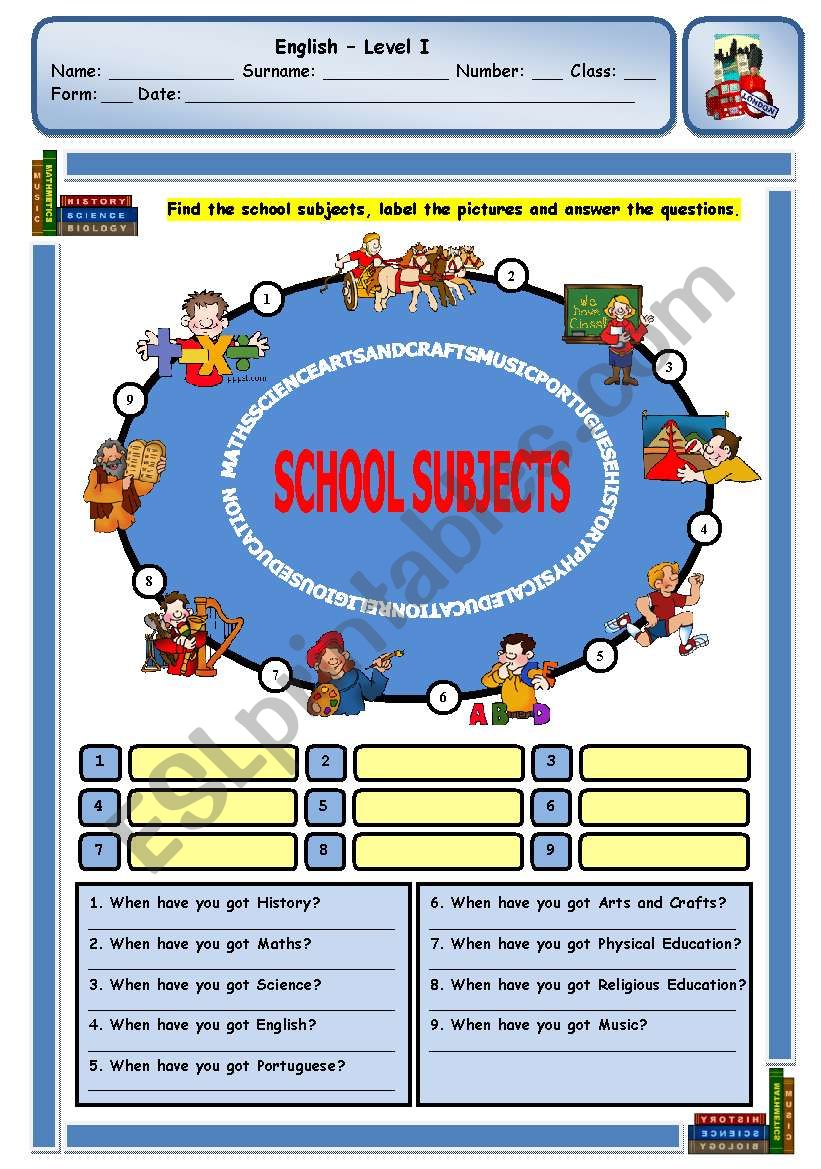 SCHOOL SUBJECTS worksheet