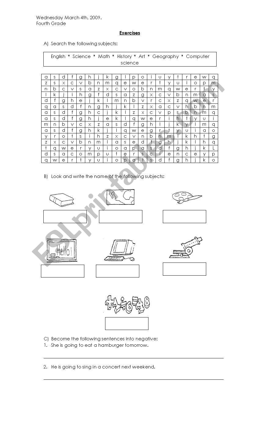 Word search of subjects worksheet