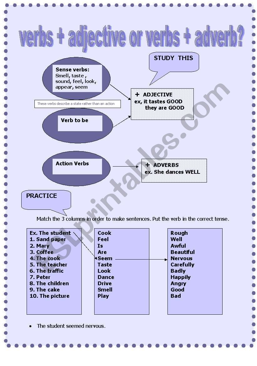 verbs+adjective or adverb worksheet