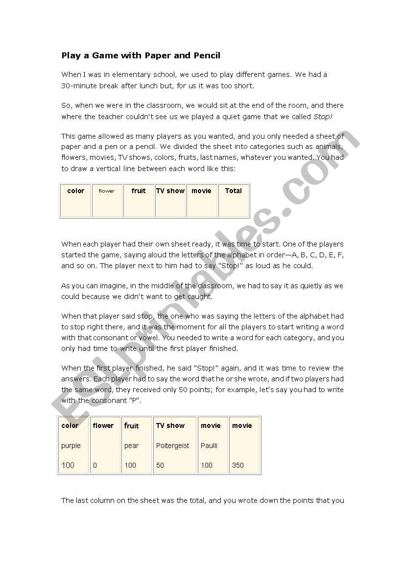 Game with paper and pencil worksheet