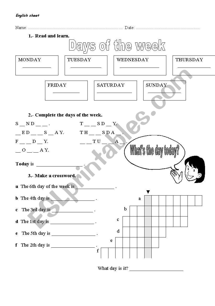 days of the week worksheet