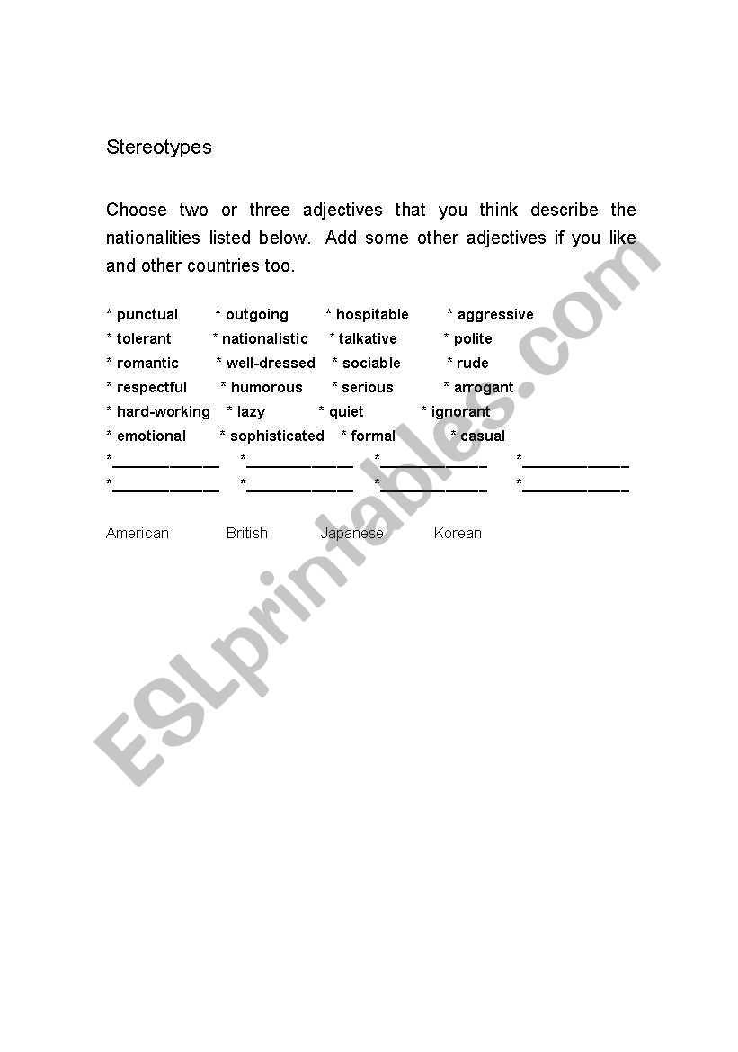 stereotypes worksheet