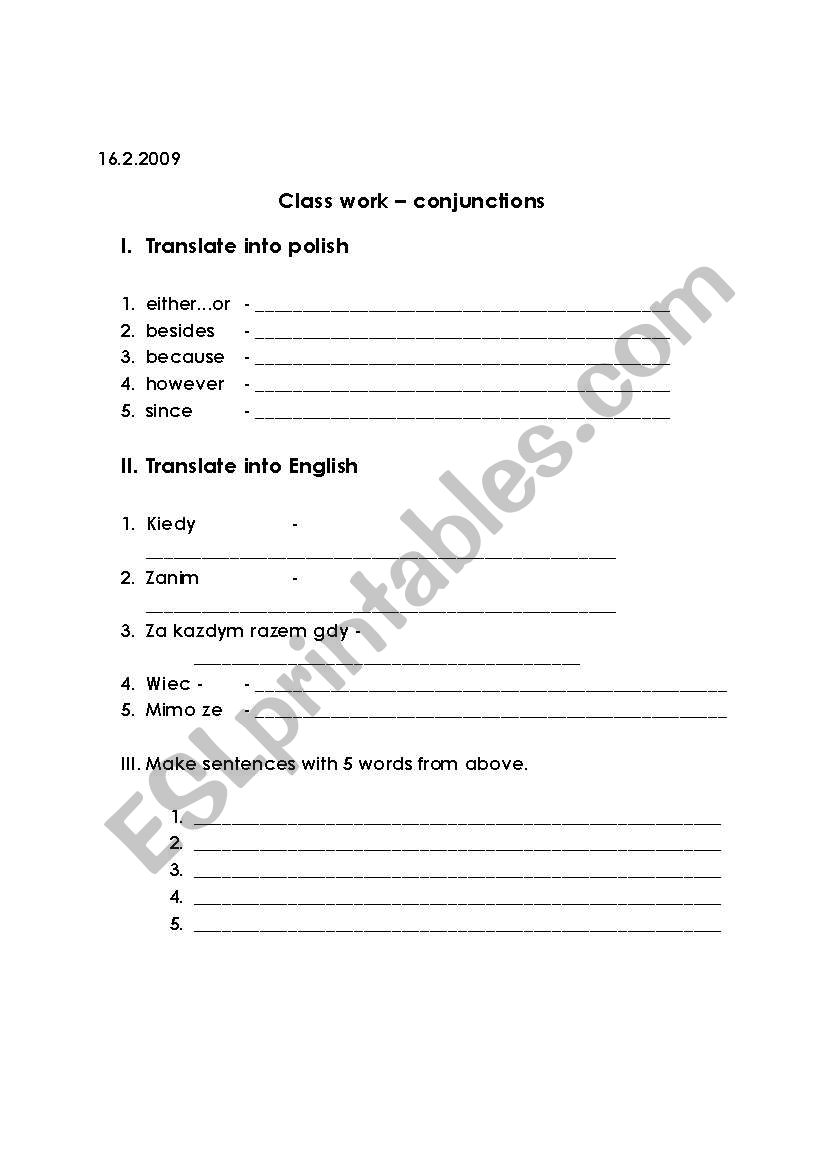 Conjunctions test worksheet