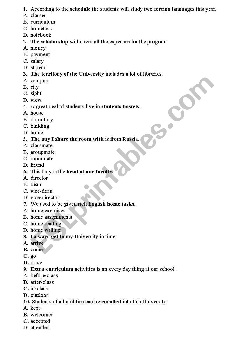 University Vocabulary worksheet
