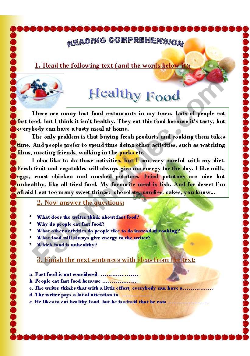 Worksheet On Healthy Food