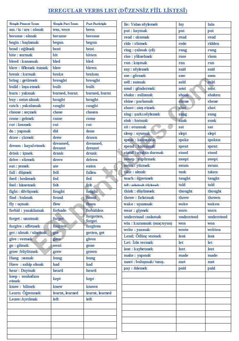 irregular verb list worksheet