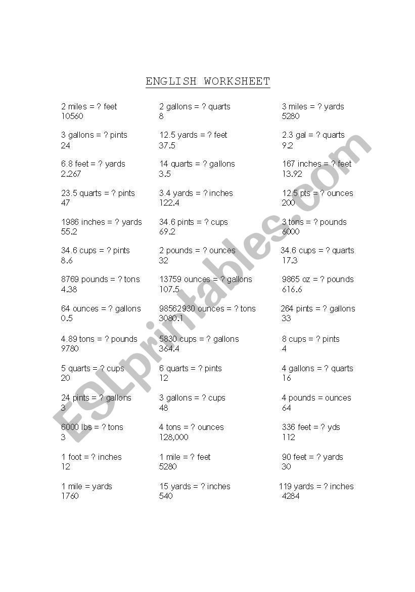 english quantity worksheet