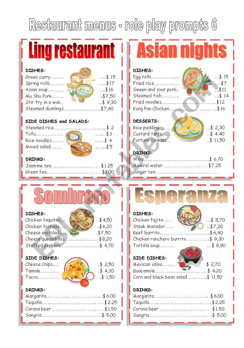 RESTAURANT MENU, cards 6 worksheet