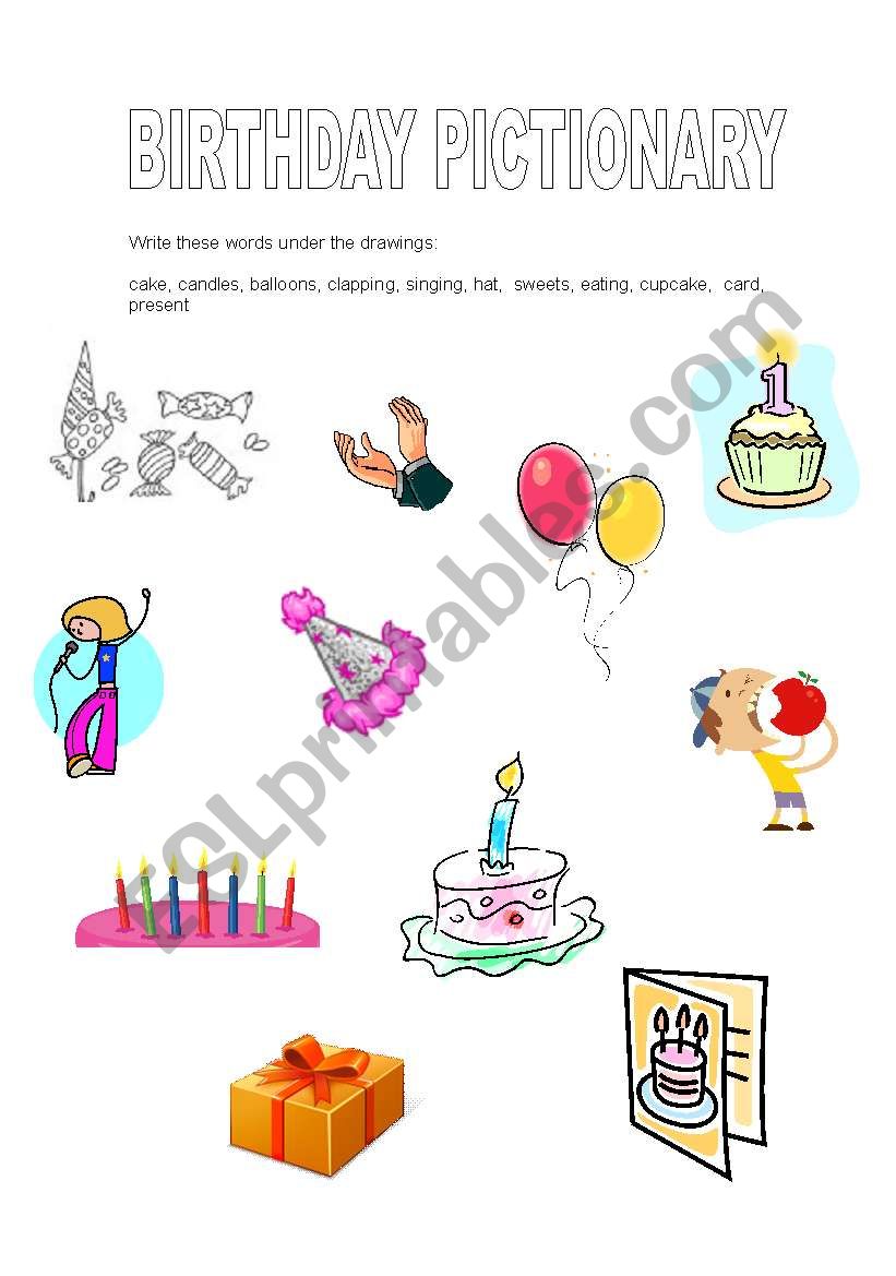 Birthday pictionary worksheet