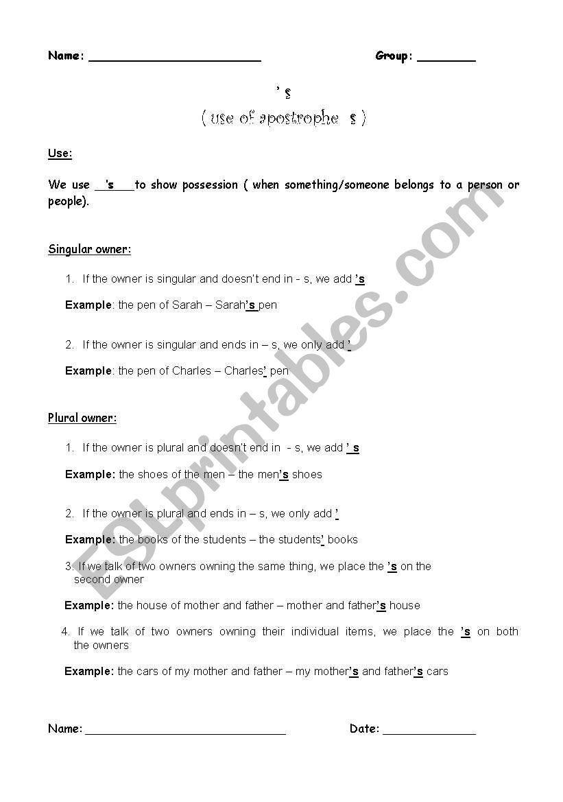 Grammar rules for use of  apostrophe s (s)