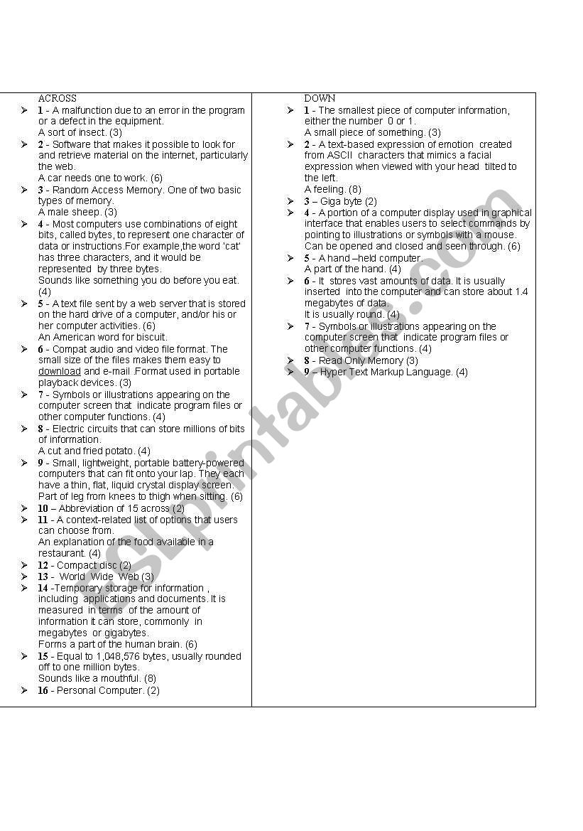 Computer crossword: clues worksheet