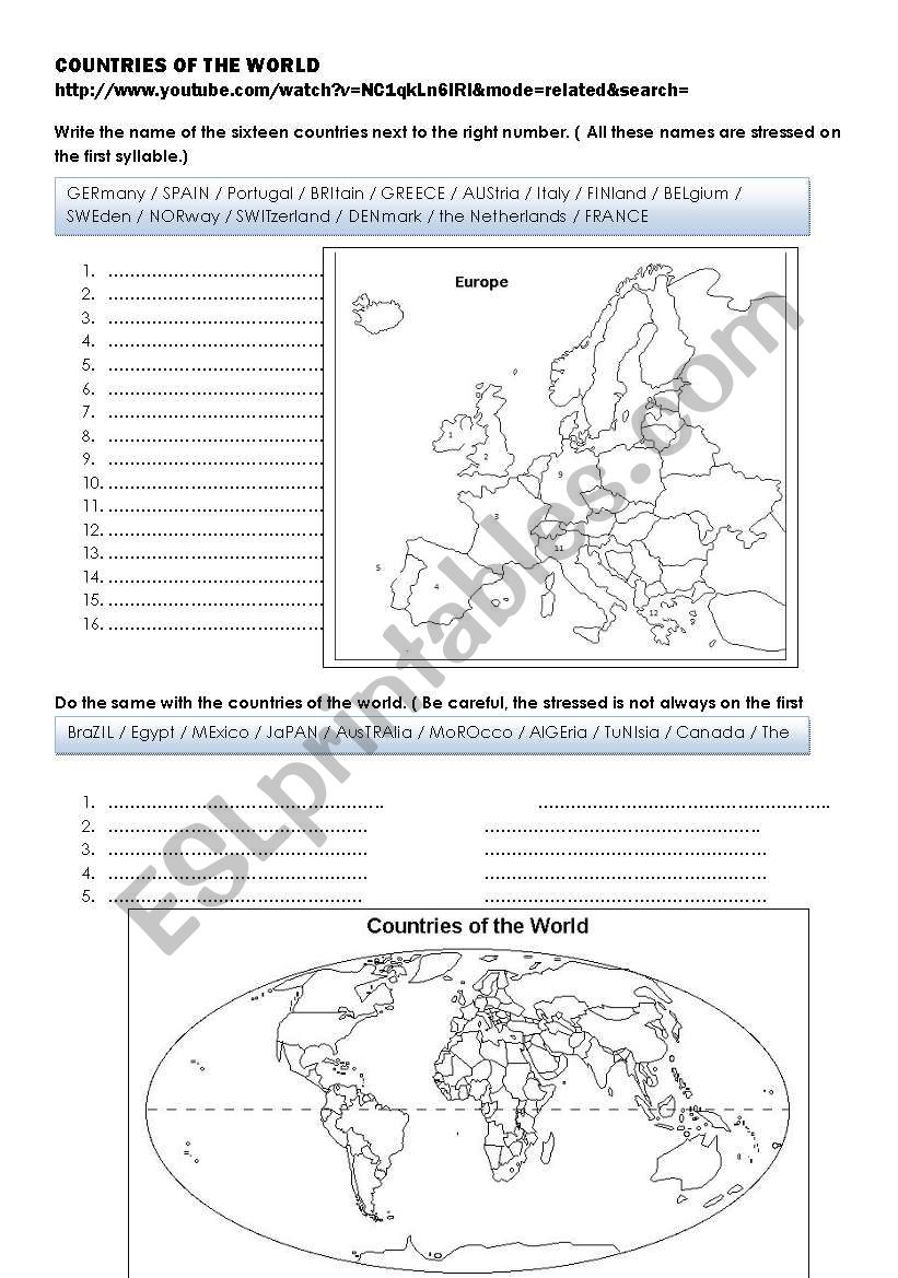 Countries of the world worksheet