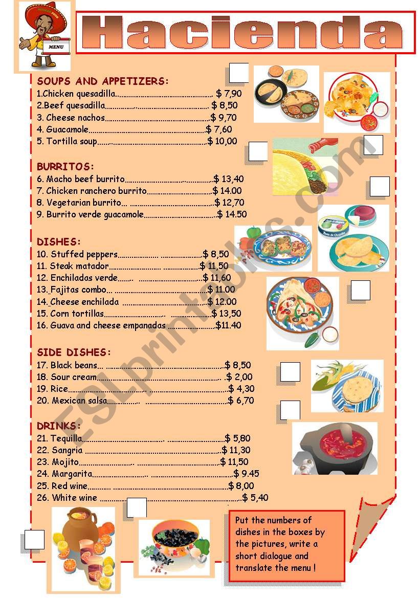 RESTAURANE MENU - MEXICAN worksheet