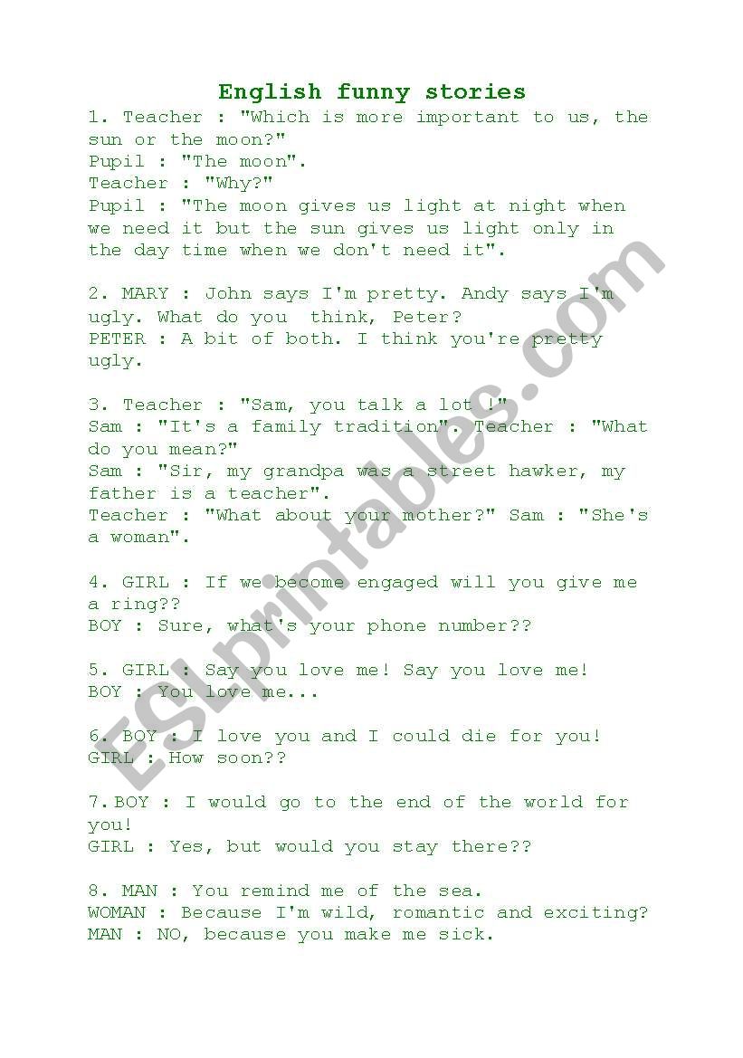 English funny stories worksheet