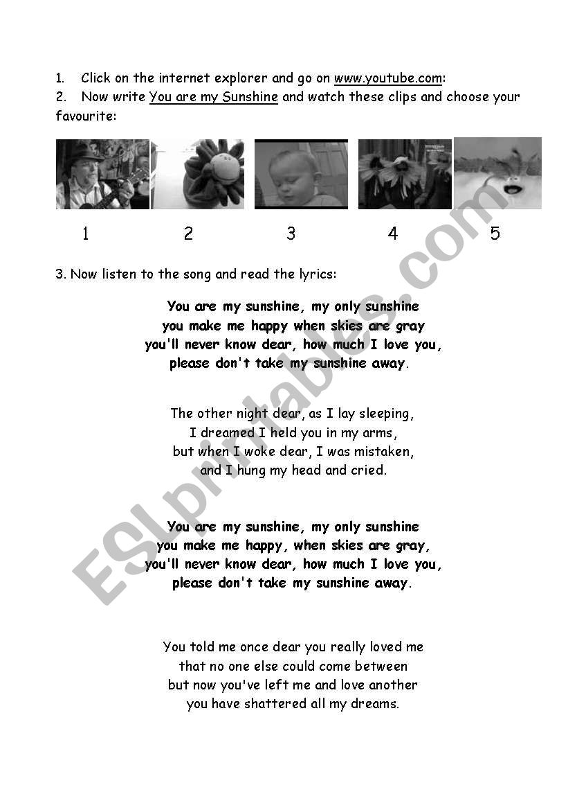 you are my sunshine lyrics - ESL worksheet by vassoula35