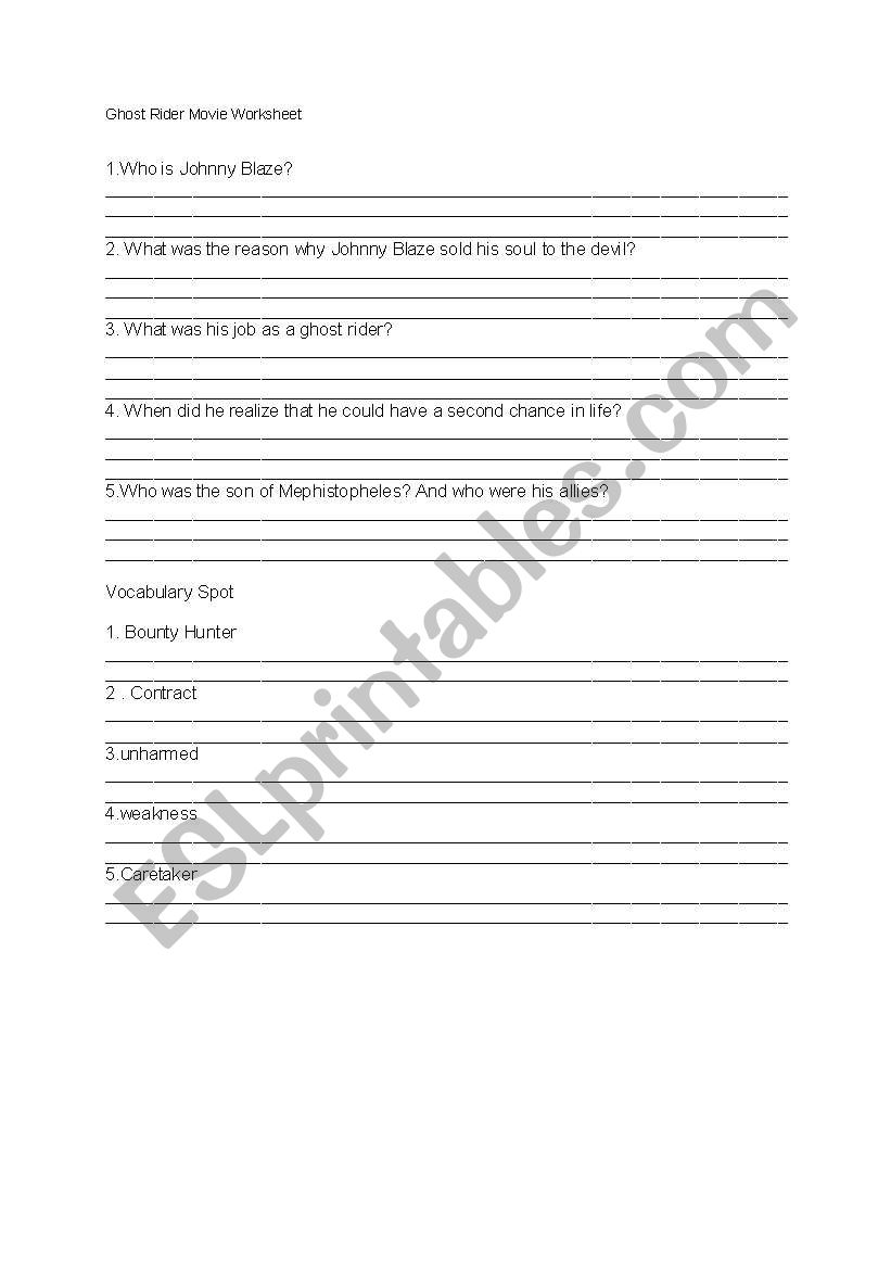 Ghost Rider Movie Worksheet worksheet