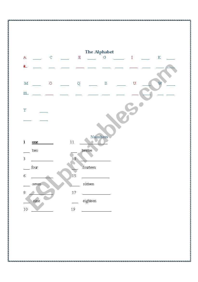 Alphabet  and numbers 1-20 worksheet