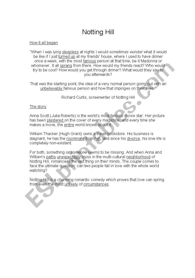 English worksheets notting hill description txt 1 plot and idea txt