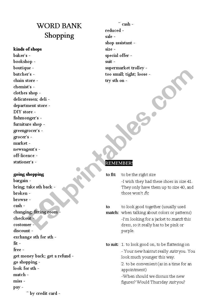 shopping worksheet