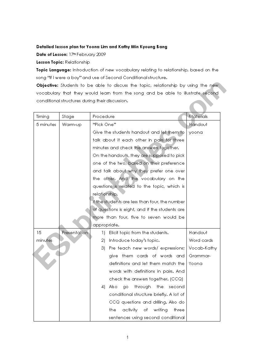 Lesson Plan for a song lesson worksheet