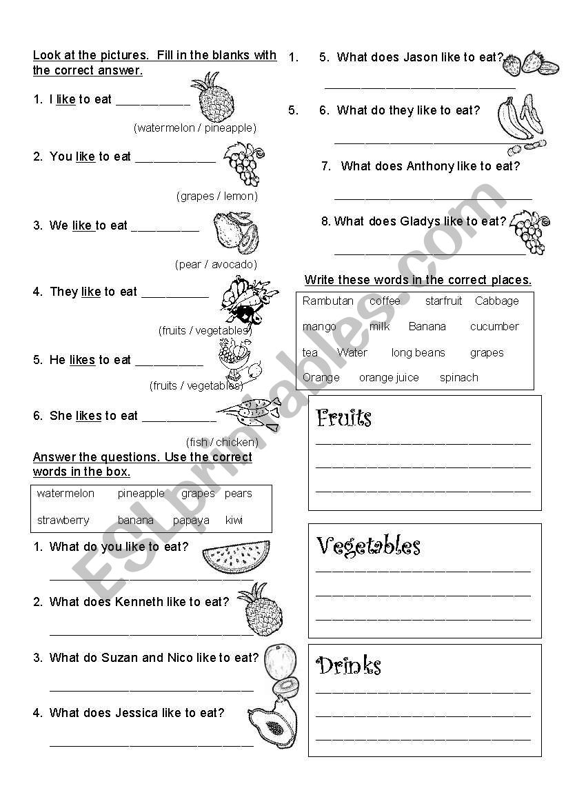 food, like and dislike worksheet