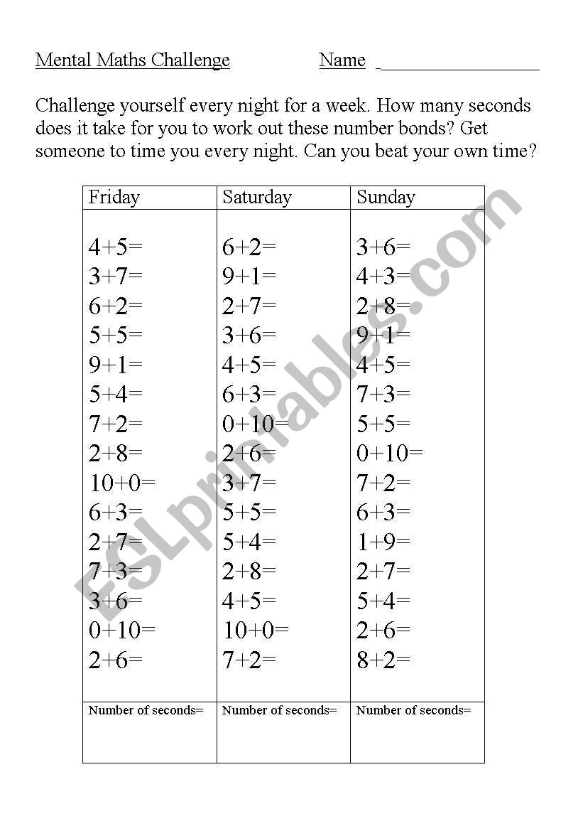 Mental Maths Challenge worksheet