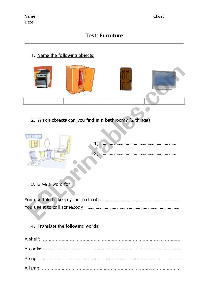 Furniture Test/Exercise worksheet