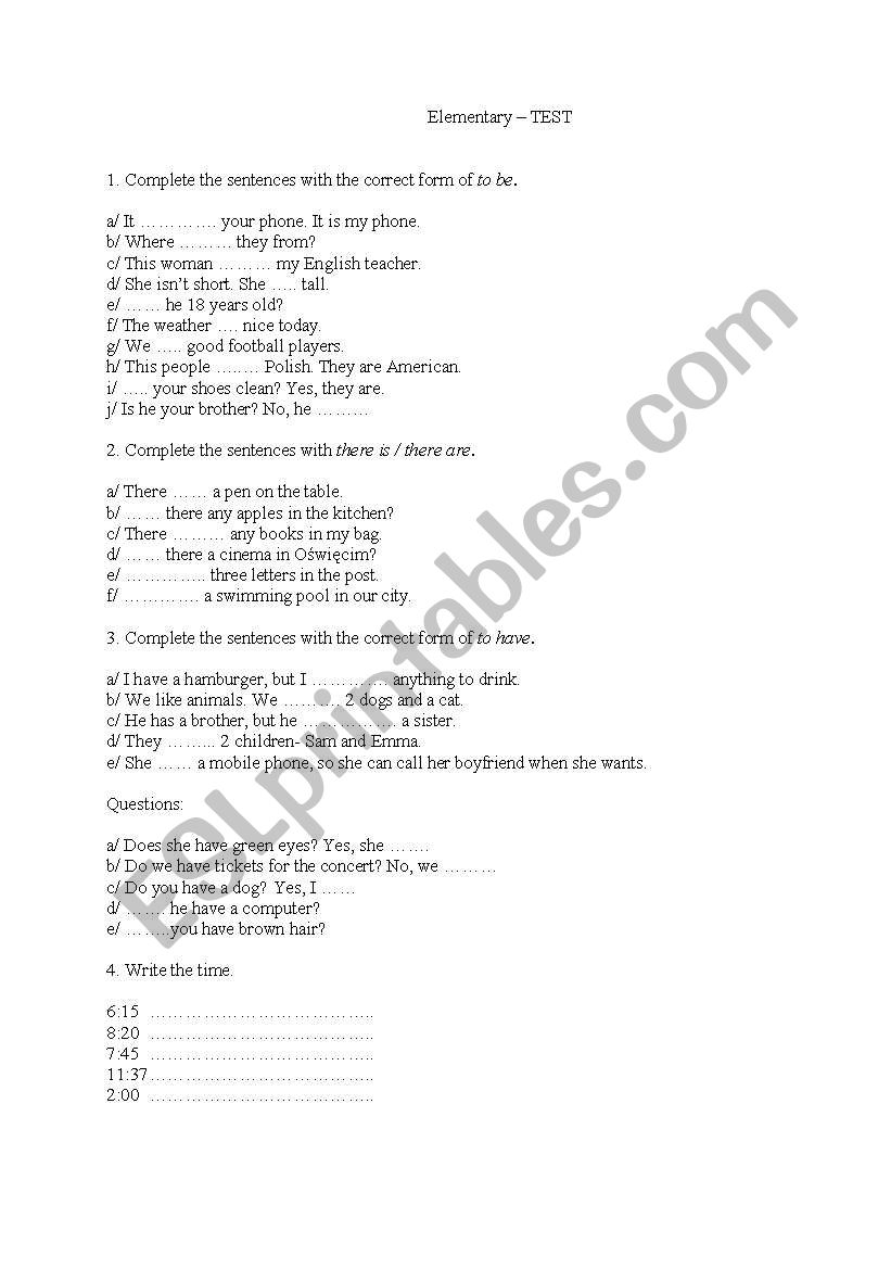 elementary test worksheet