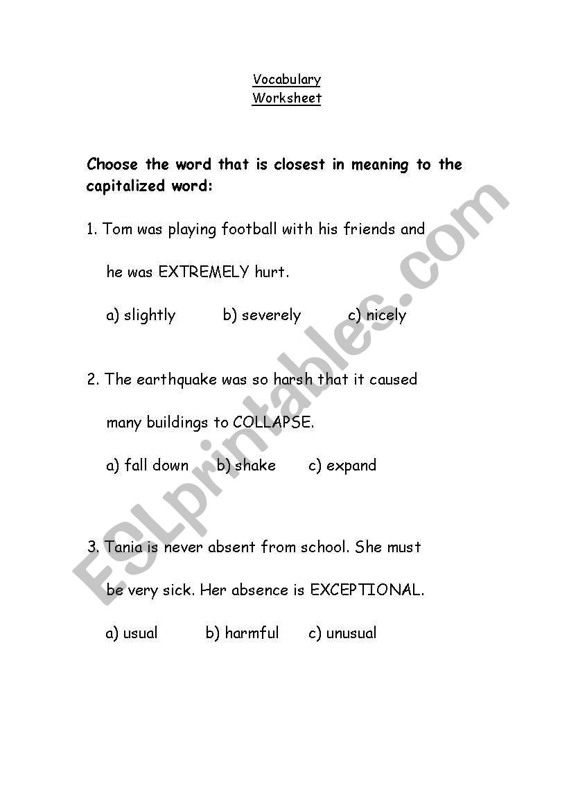 Vocabulary Worksheet  worksheet