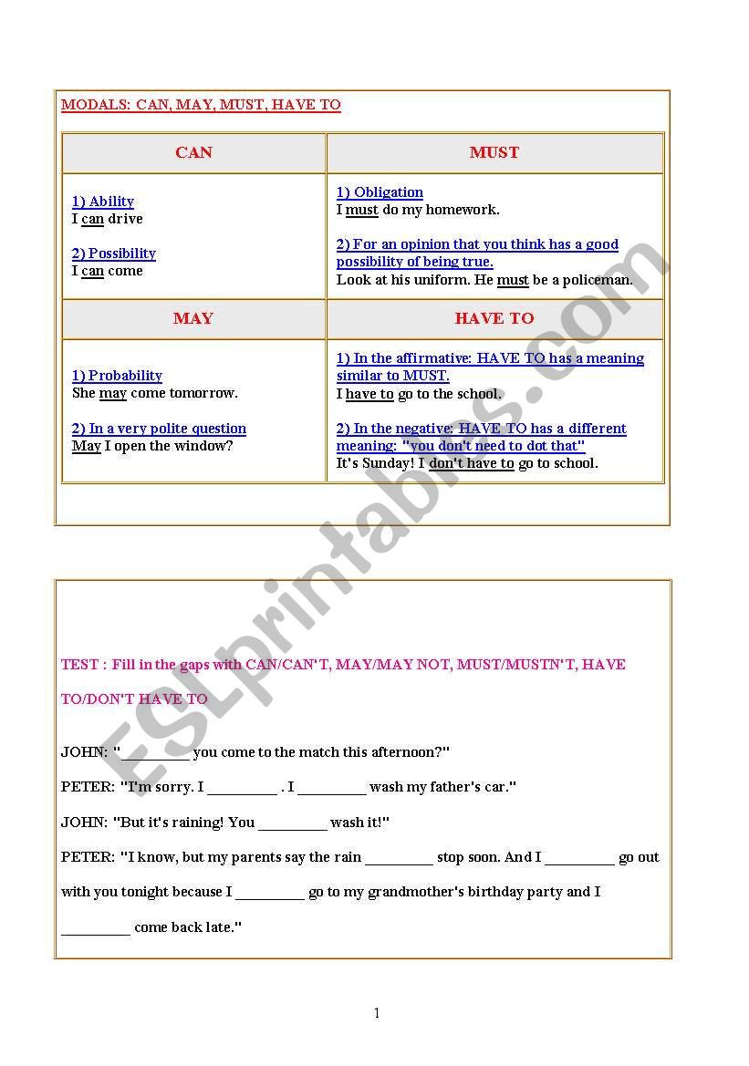 MODALS worksheet