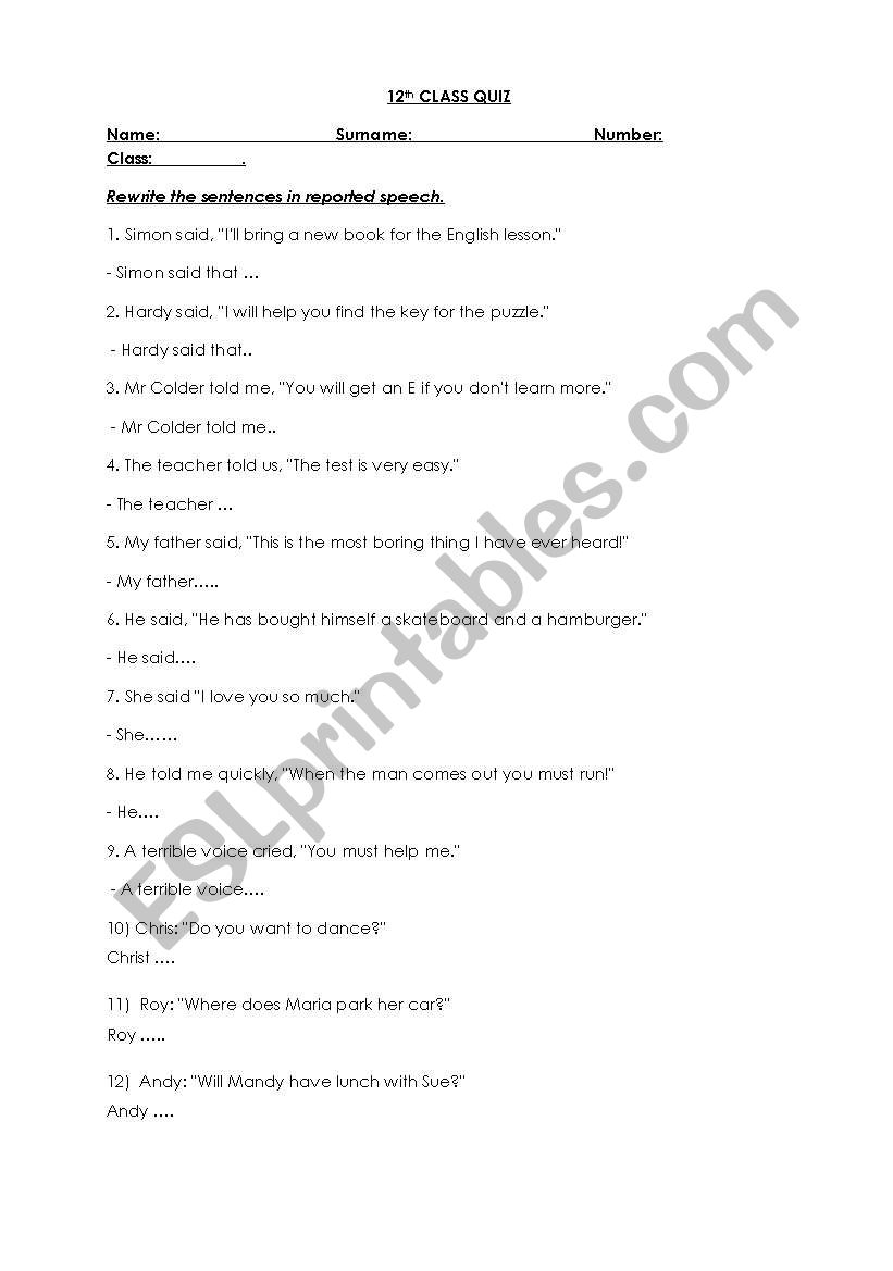 Reported Speech worksheet