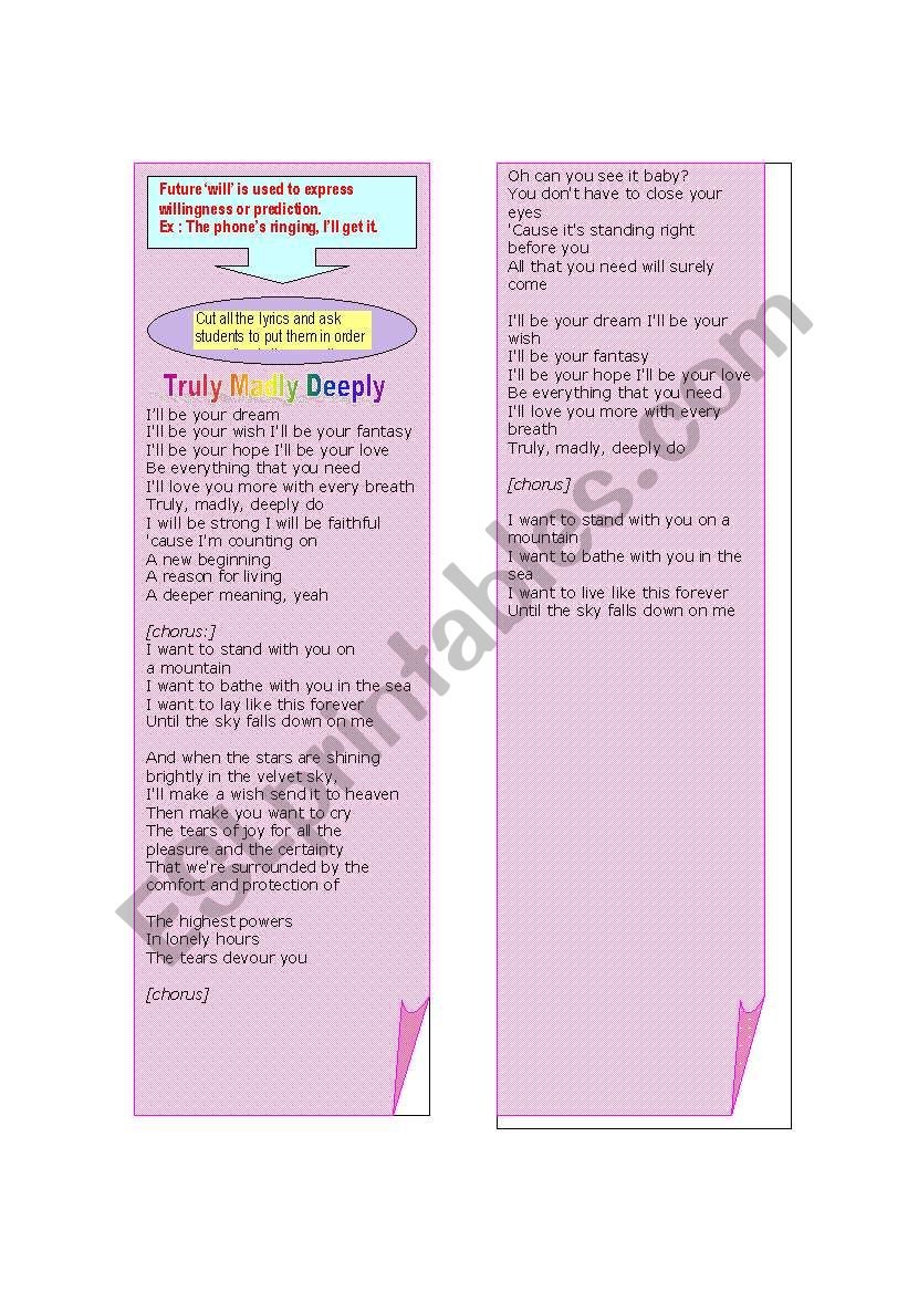 Song Truly Madly Deeply worksheet