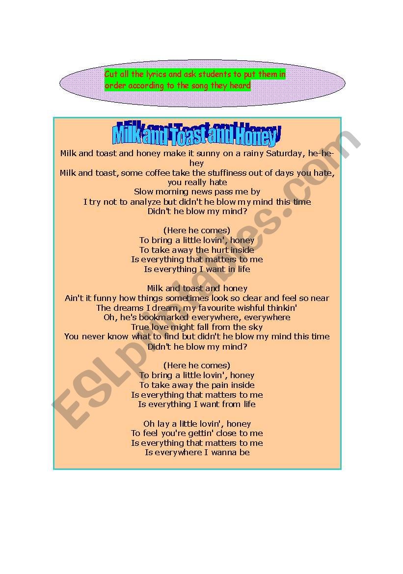 Song Milk and Toast and Honey worksheet