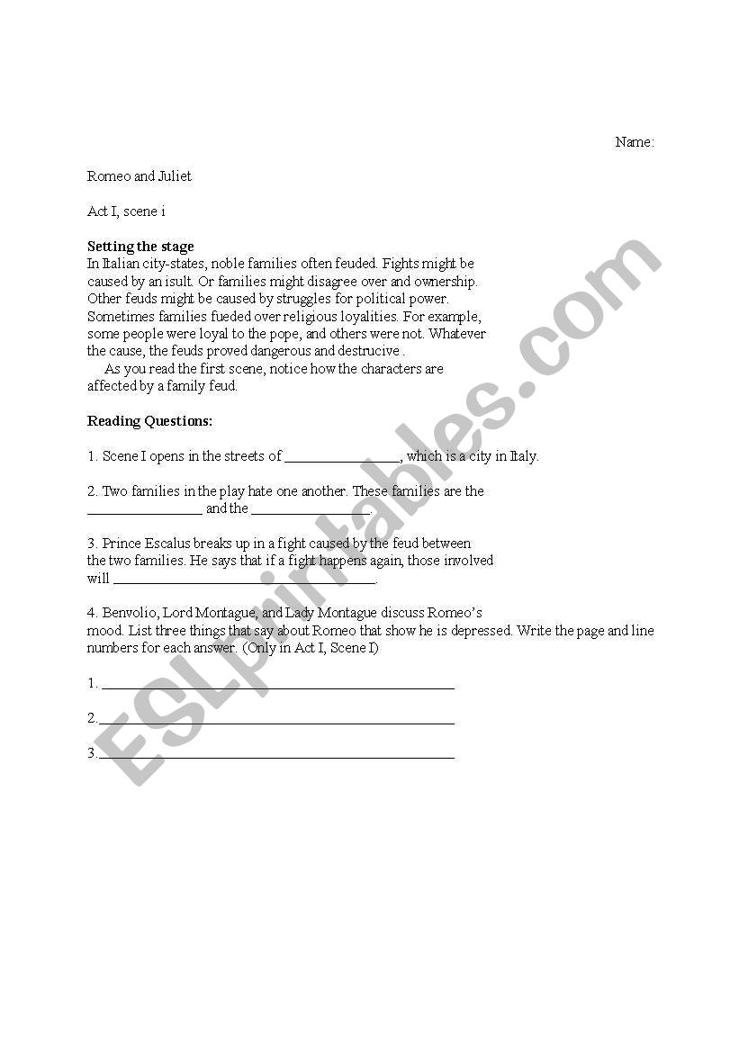 Romeo and Juliet Act I, Scene I Worksheet