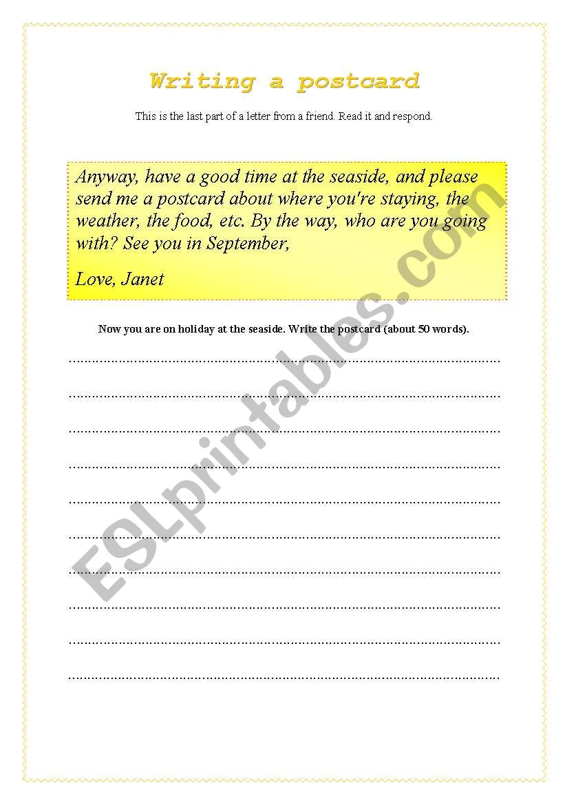 WRITING A POSTCARD worksheet