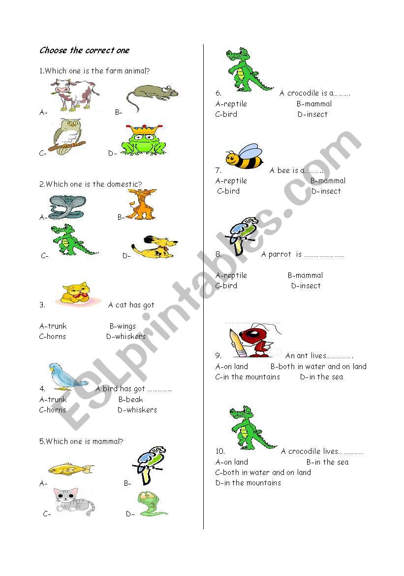 Animals quiz part-1 worksheet