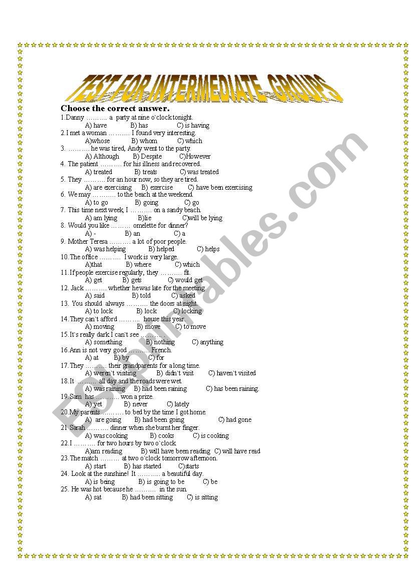 test for intermediate groups worksheet