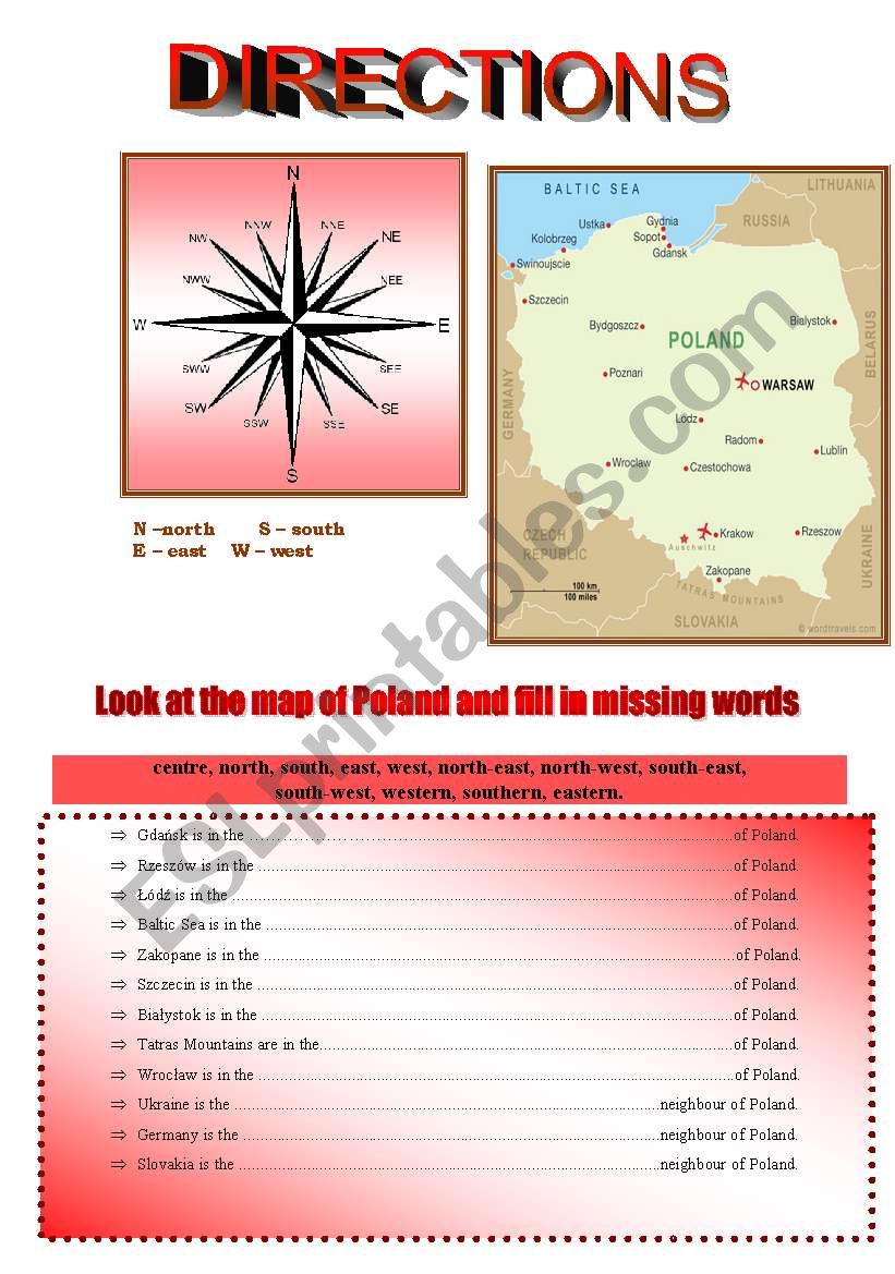 MAP OF POLAND - directions worksheet