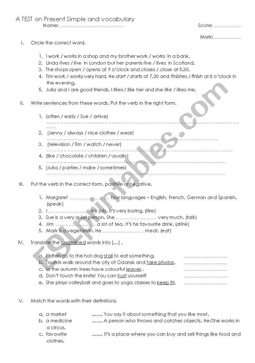 a test on Present Simple worksheet