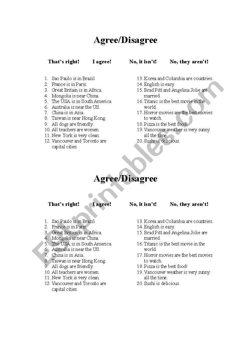 Do you agree or Disagree? worksheet