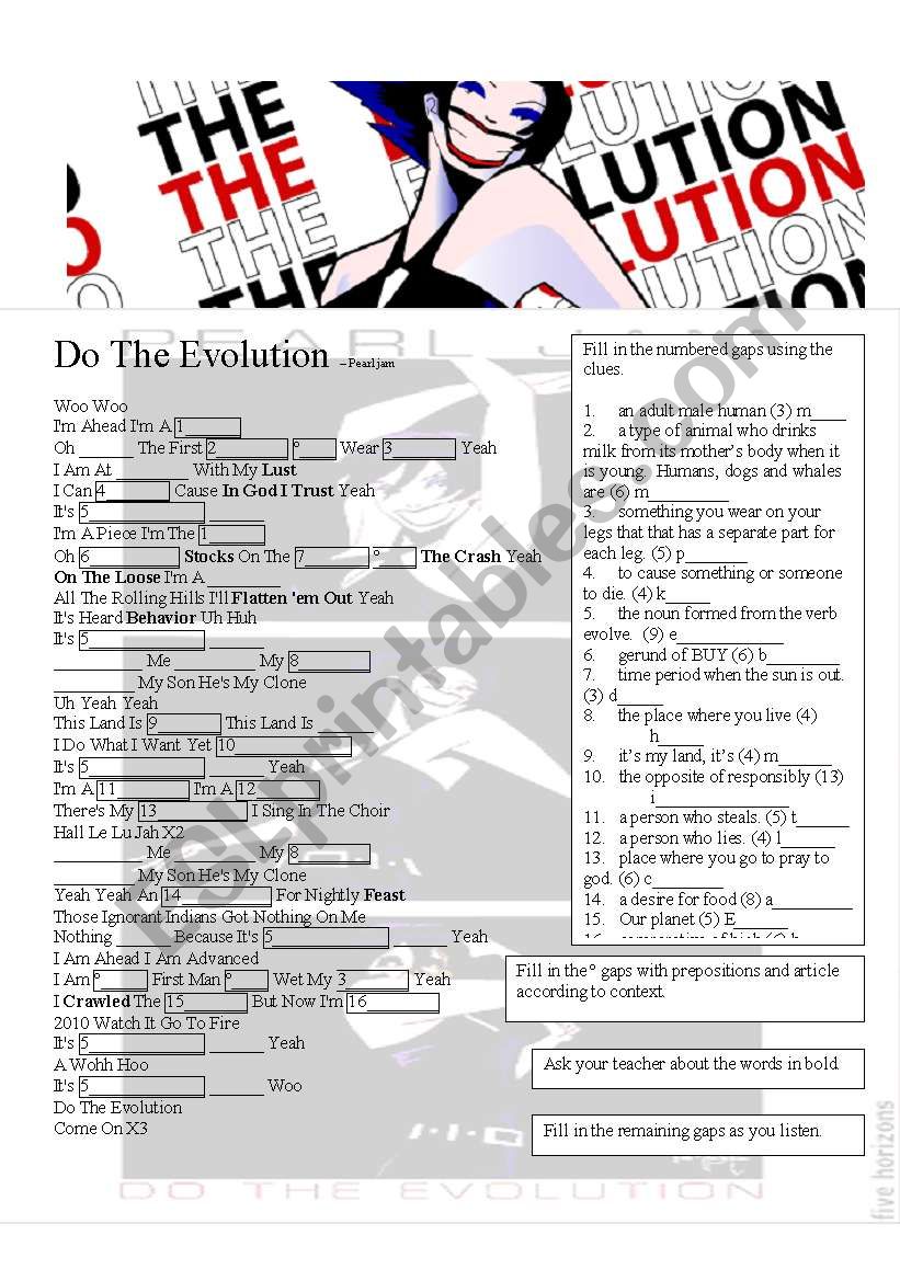 Do the Evolution (pearl jam) worksheet