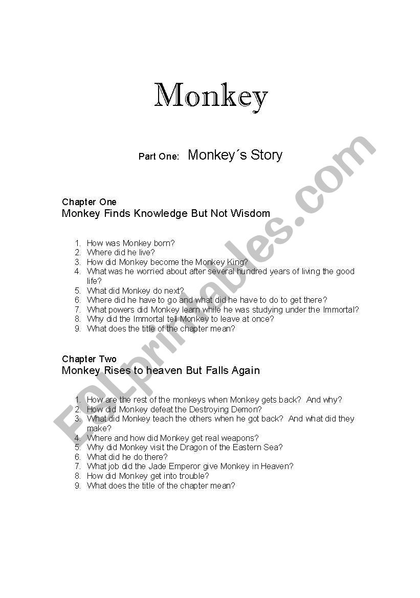 Monkey Chapter one and two worksheet