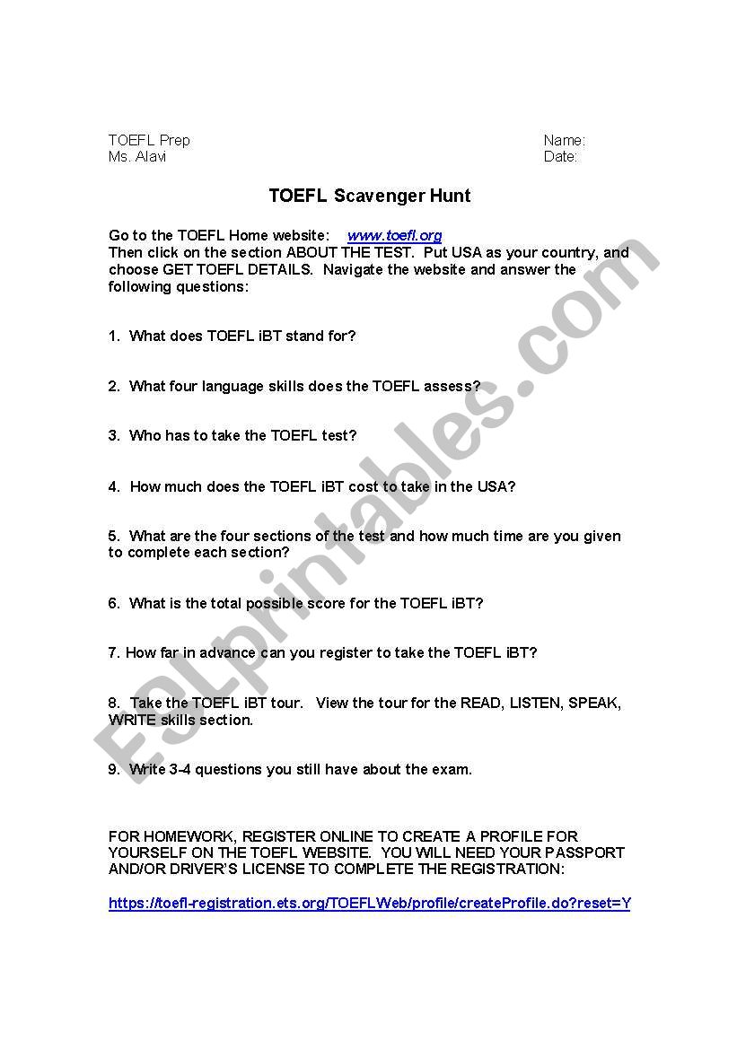 TOEFL Scavenger Hunt worksheet