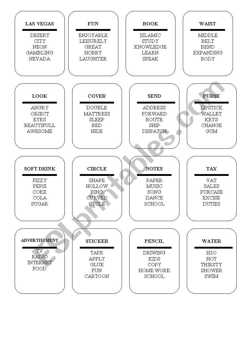 TABOO CARDS worksheet