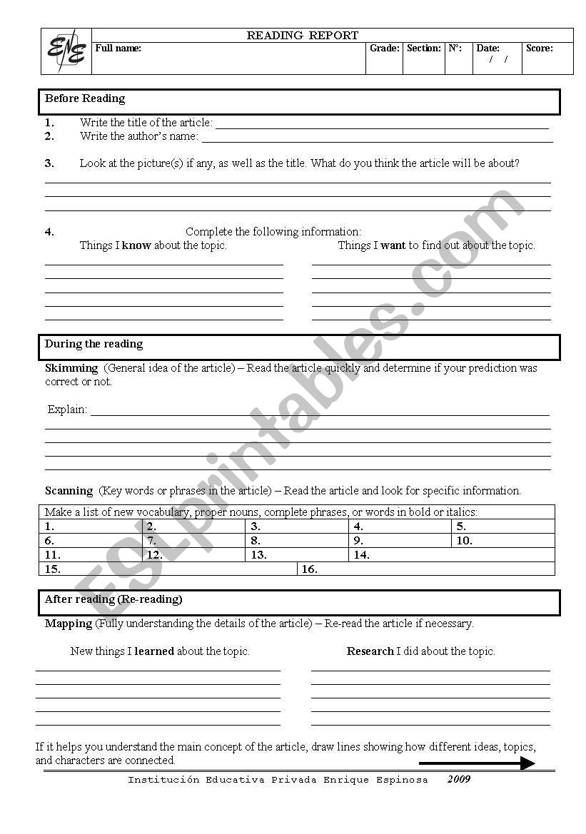 reading report worksheet